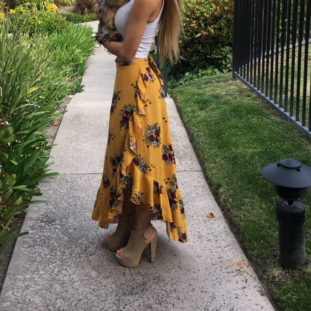 Yellow floral wrap skirt